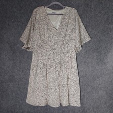 Express Women Fit Flare Dress XL Cream Satin Polka Dot Minimalist V Neck Flutter