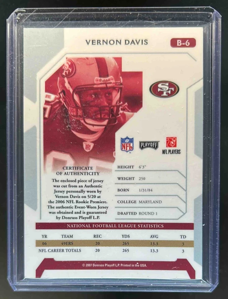 2007 Donruss Playoff Vernon Davis Playoffs Prime Patch #B-6 49ers - Image 2 of 2
