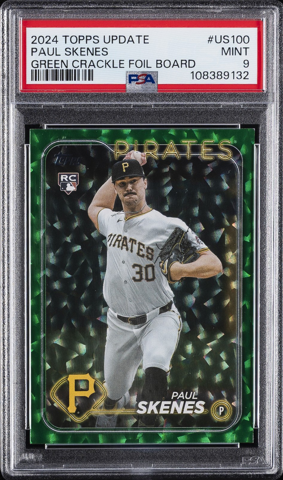 2024 TOPPS UPDATE GREEN CRACKLE FOILBOARD #US100 PAUL SKENES 238/499 PSA 9