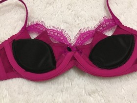 Vtg AGENT PROVOCATEUR PADDING ADDED Bra SILK SATIN Lace CUTOUT 34B Fuchsia Bow