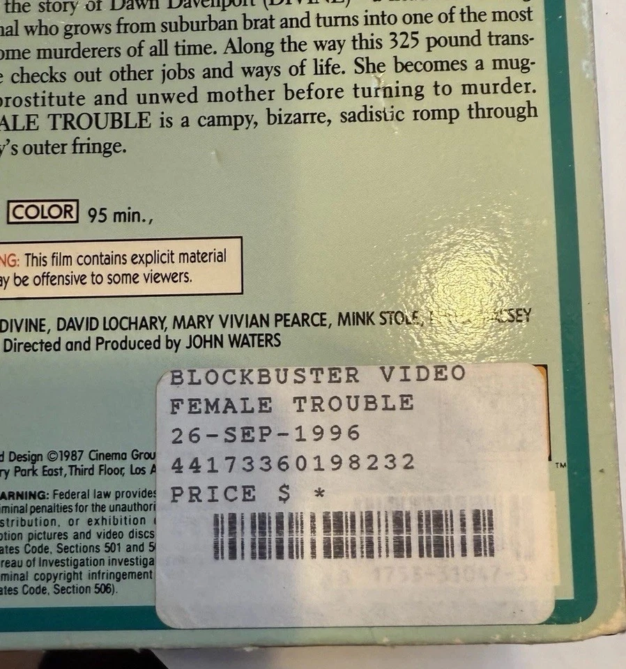 Female Trouble VHS Continental Big Box John Waters Divine Rental Vintage RARE - Image 4 of 4