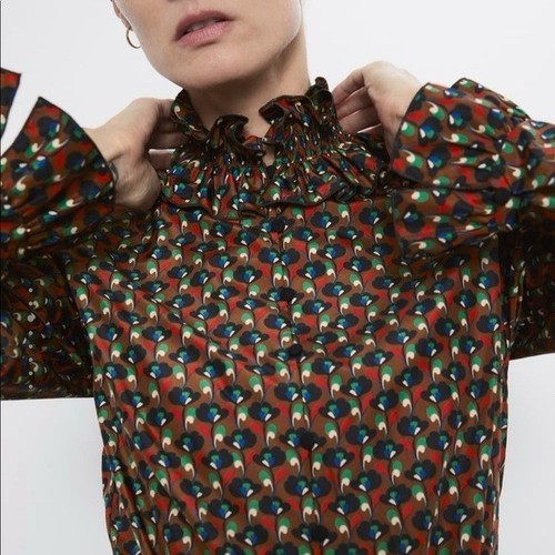 Zara Womens Brown Ruffle Button Up Blouse Size L Retro Mod Boho Mock Neck - Picture 1 of 14