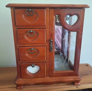 Vintage Wooden Jewelry Armoire with Etched Glass Doors and 4 Drawers