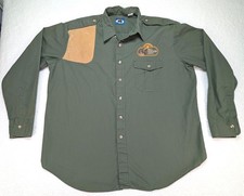 VTG Bear Back Shirt mens XL fall feather hunt green w leather patch made in USA