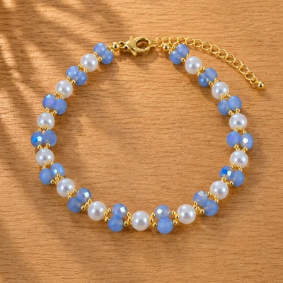Bracelet femme perles nacrées bleu blanc réglable fait main doré - Photo 1/2