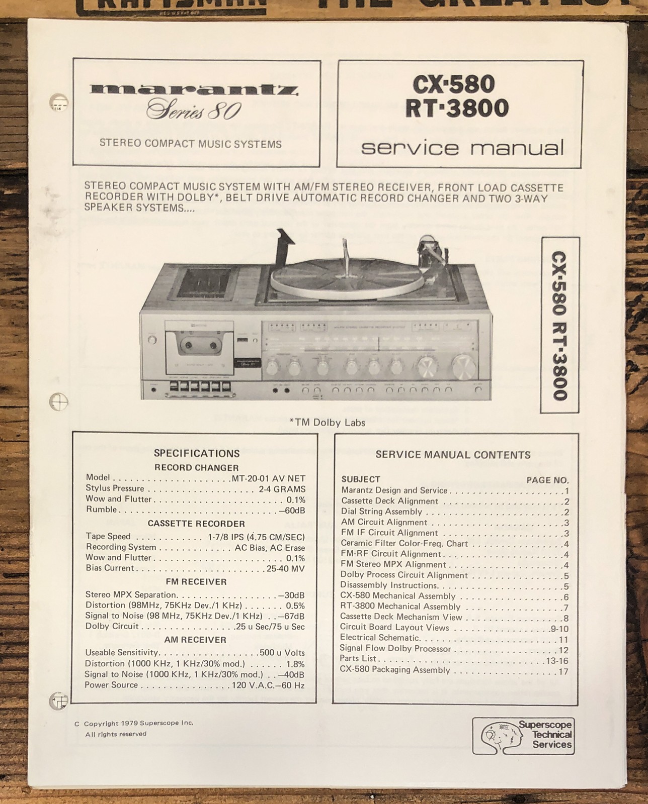 Marantz CX-580 RT-3800 Turntable / Stereo Service Manual *Original*