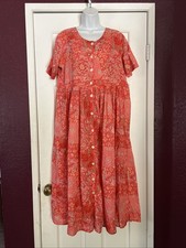 La Cera Orange Floral Button Front Midi Shirt Dress Size L Cottagecore