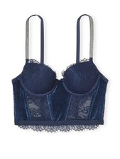Victoria Secret Lined Demi Bra Corset 34C Blue Lace Velvet Bustier Shine Strap