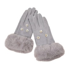 Rhinestone Flower Embellished Faux Fur Cuff Smart Touch Winter Gloves