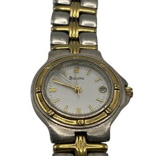 Vintage Bulova Womens Two Tone Bracelet Watch White Dial Date Quartz Analog