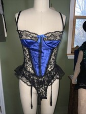 Vintage Nan Flower Lace Lingerie 1 Pc Garter Strapped Blue Black Teddy Bodysuit