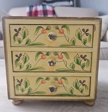 Vintage Hand Painted Wooden 3 Drawer Jewelry Trinket Box 6.5 X6.5