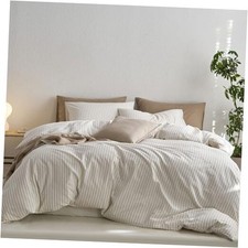 Queen 90"x90" Wide Stripes - White/ Tannish Linen Grey No Comforter 