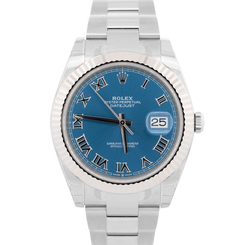 NEW STICKERED PAPERS Rolex DateJust 41mm AZZURRO BLUE ROMAN 18K Steel 126334 BOX