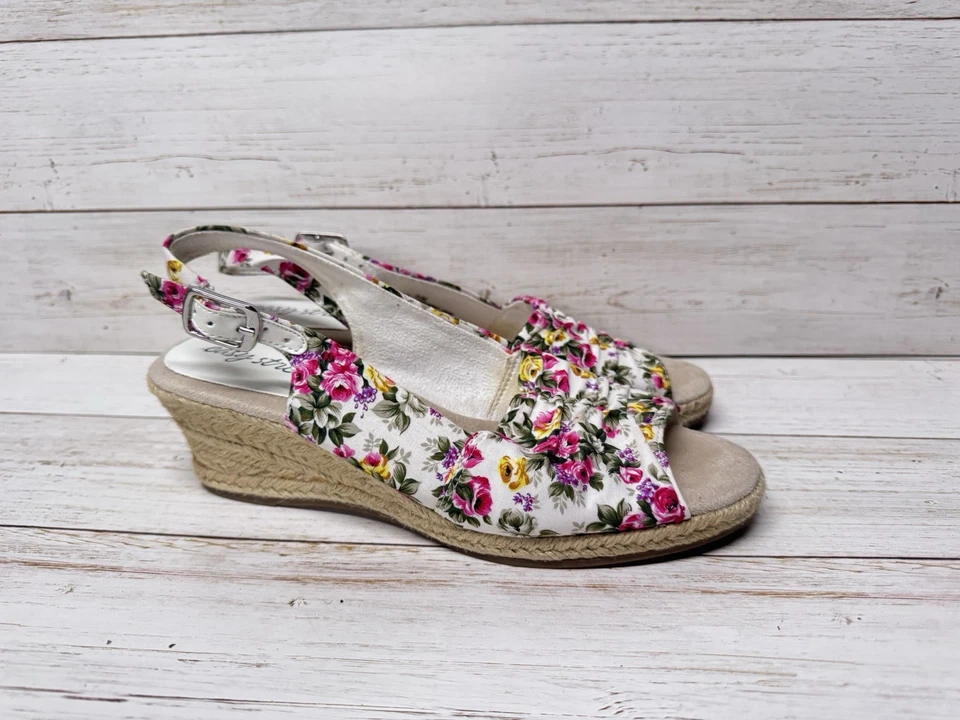 Sandálias anabela ajustável Easy Street Super Flex branco floral sapatos femininos 7,5 - Imagem 2 de 4