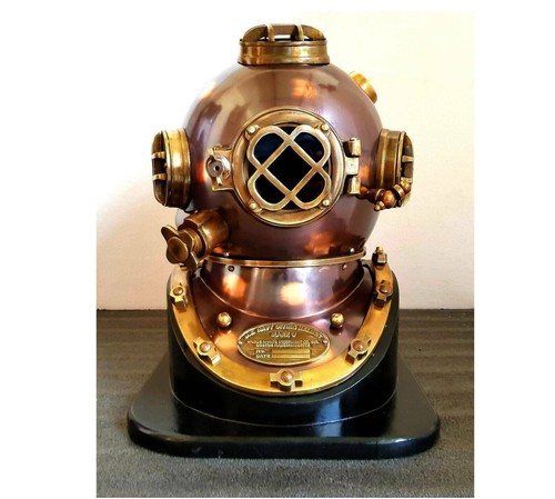 Iron & Brass Antique Style Mark V Scuba Divers Diving Helmet W/Black Wooden Base - Picture 3 of 4