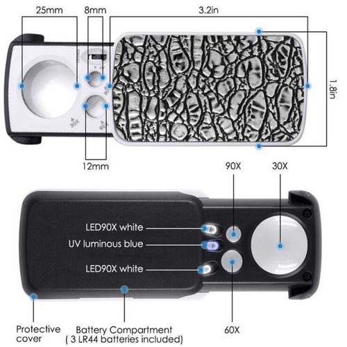 Lupa de bolsillo lupa de bucle luces LED 30X 60X 90X - Imagen 8 de 10