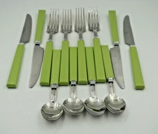 Hampton Silversmith Stainless Flatware Green Handles 4 Place Settings MCM