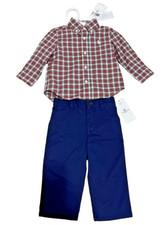 NEW NWT Ralph Lauren Baby Boys Layette 2PC Red Holiday Plaid Shirt Navy Pants