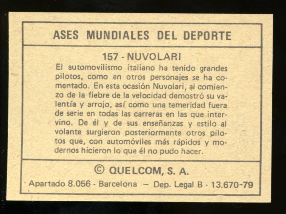 1979 Quelcom S.A. Ases Mundiales Deportes Spanish #157 Tazio Nuvolari - Image 2 of 2