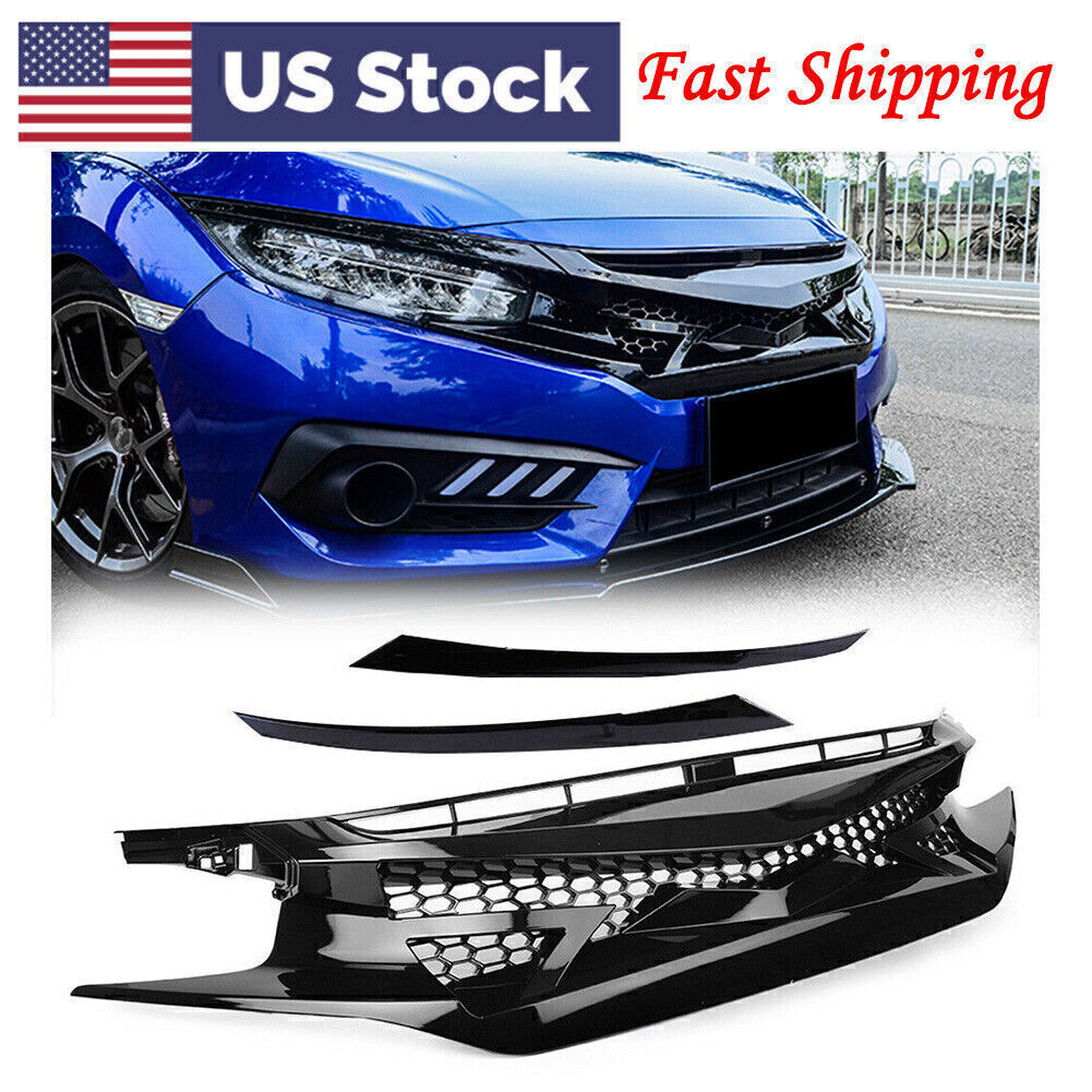 2016-2018 Honda Civic Gloss Black Front Bumper Hood Grille Cover