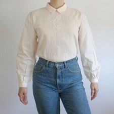 80s pink semi-sheer lace rose appliqu  front blouse button up w/ puff sleeves