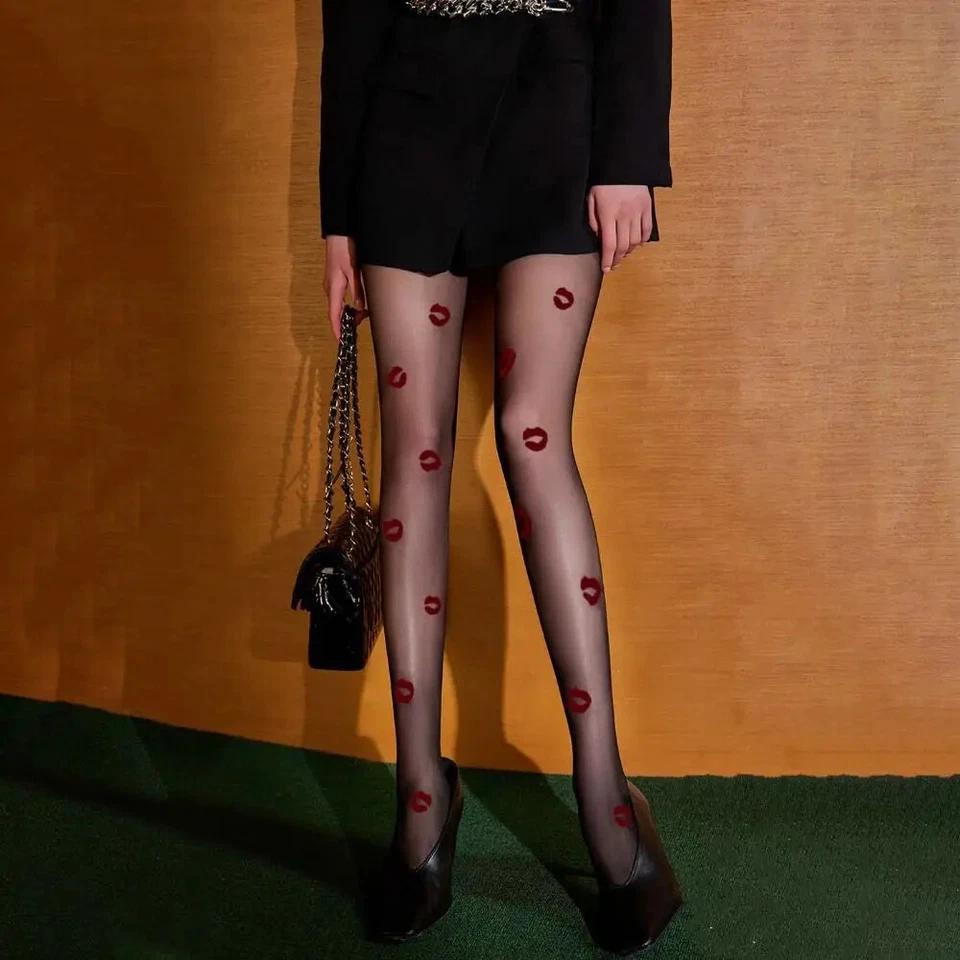 Ultra-Thin Lips Printed Pantyhose, Elastic Transparent Mesh, Seamless Silk - Image 3 of 4