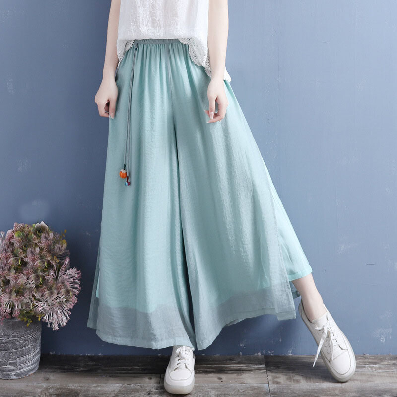 【BAON】Recon Color Cotton String Wide Pants Cut Loose Linen Tencel Crop Wide Leg Pant - New Moon Boutique