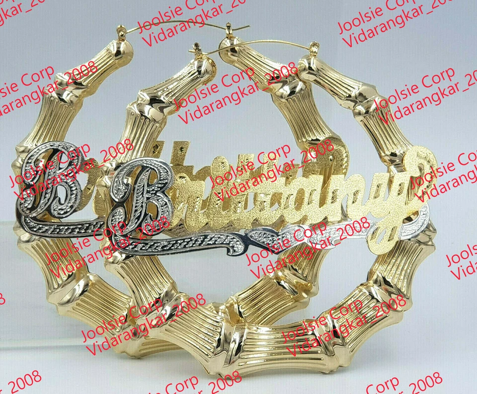 PENDIENTES/ALDABAS DE PUERTA DE BAMBÚ JUMBO PERSONALIZADOS CHAPADOS EN ORO 14K 4:00"  Foto 2 de 2