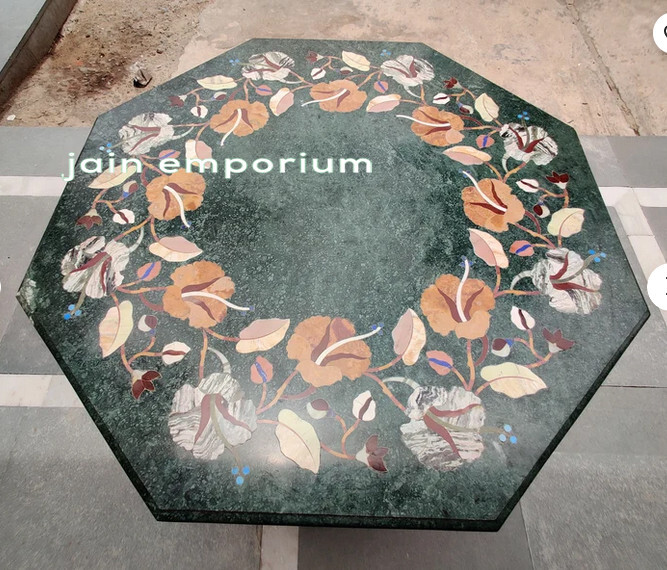 24-Inch Green Marble Coffee Table Top with Inlay for Kitchen or Dining Room Decor