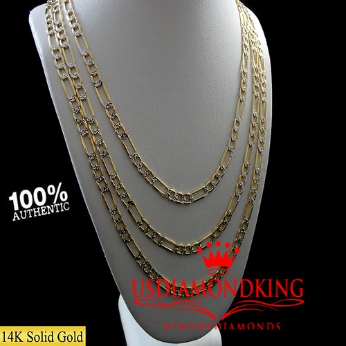 Men's Ladies 14k Pave 100% Real Gold Hollow Figaro Cuban Link Chain Necklace New - Picture 5 of 11