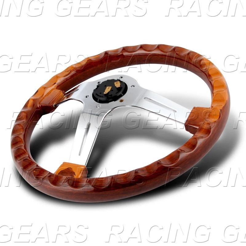 UNIVERSAL 350MM CLASE 14" EMPUÑADURA MADERA OSCURA 6 ORIFICIOS CROMO VOLANTE 3 RADIOS Foto 3 de 3