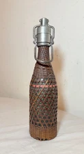 Rare antique 19th century French woven wicker metal glass seltzer bottle
