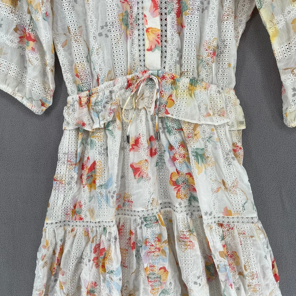 Zimmermann Dress Womens 0 White Red Yellow Floral Tie Lace Button Tier - Image 3 of 4