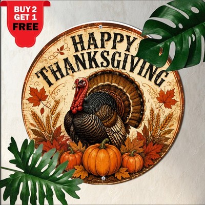 Happy Thanksgiving Autumn Turkey Round Metal Sign Fall Harvest Festive Tin Art