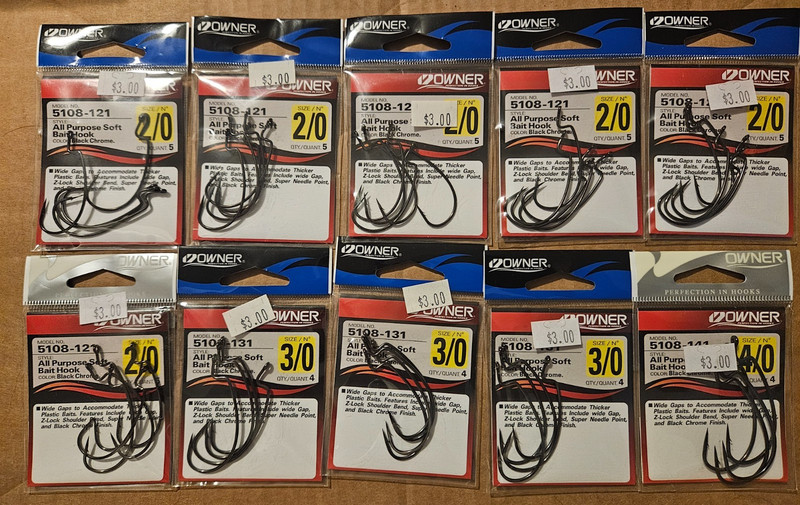 10 Packs of Owner  Model No. 5108 Size 2/0, 3/0, & 4/0 All Purpose Hooks