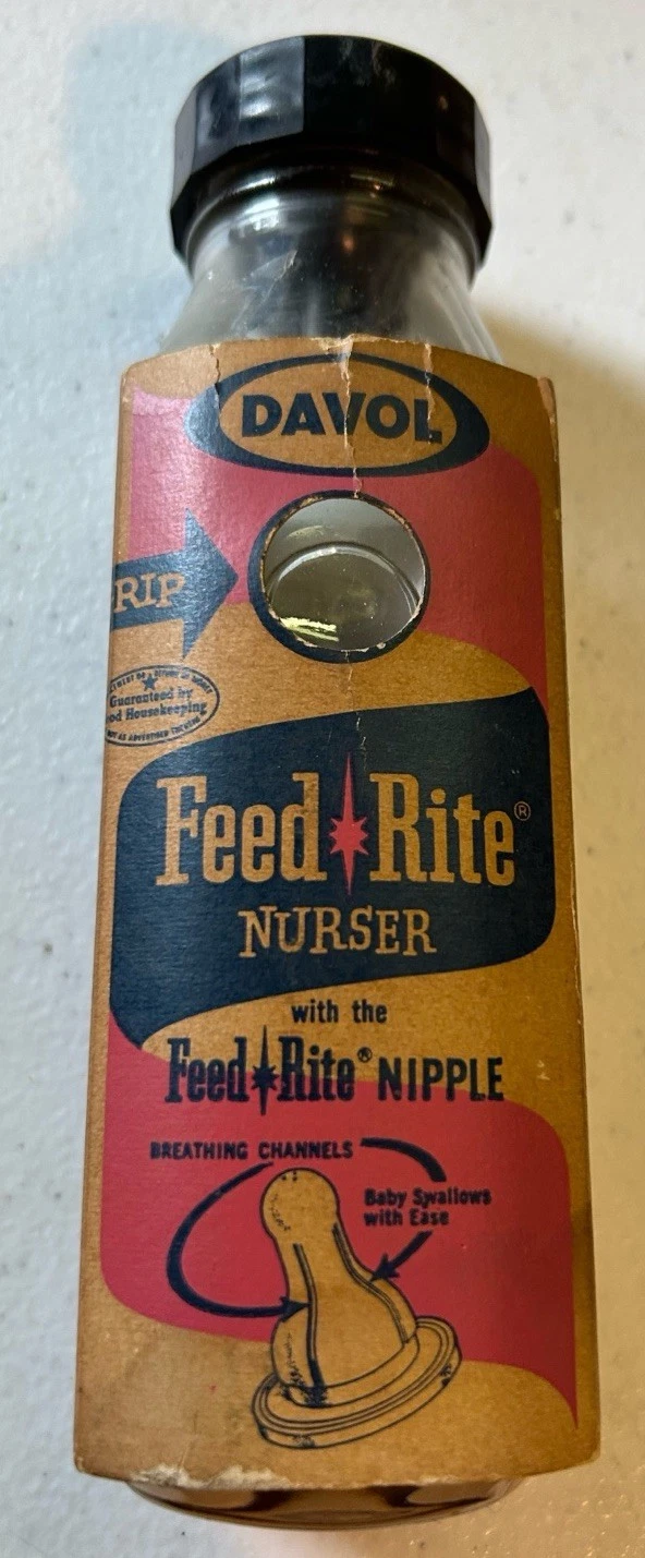 Vintage DAVOL Feed Rite Nurser Glass Baby Bottle w/ Original Sleeve 1960