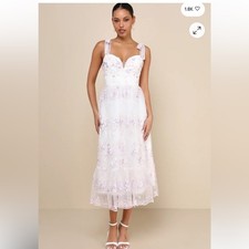 Lulus Distinctly Sweet White Floral Embroidered Tie-Strap Midi Dress Size Small