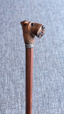 Antique boxwood carved dog head top swagger stick/baton.1900s