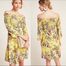 Anthropologie x Farm Rio Dress Bria Off the Shoulder Smocked Mini Yellow Floral