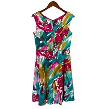 Adrianna Papell Dress Colorful Fit Flare Pockets Knee Length Sleeveless Womens 8