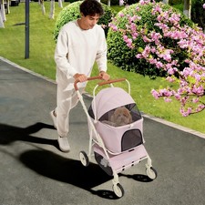 Pet Stroller w/Removable Carrier Foldable Pet Carrier Double-tier Pet Cart Pink