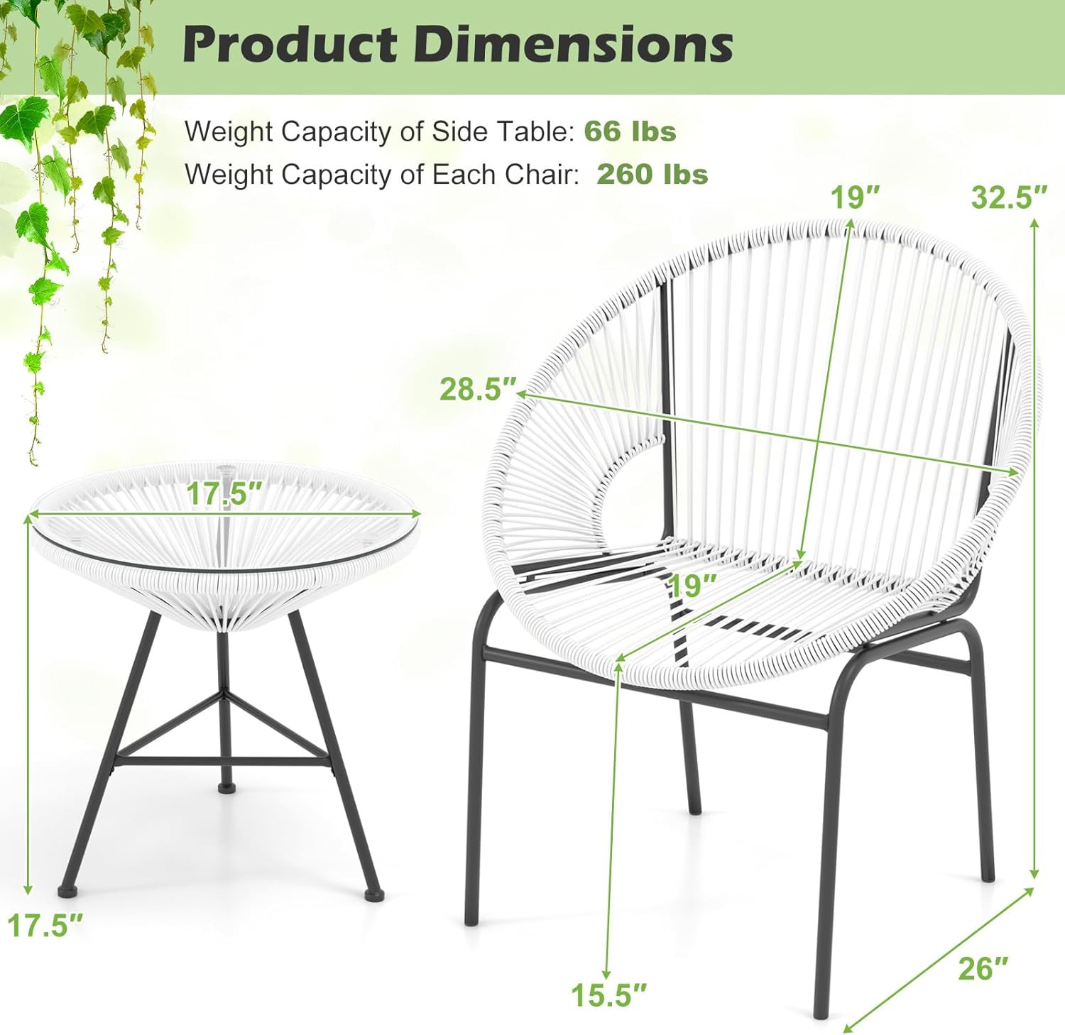 3-Piece Outdoor Acapulco Chair Set, Wicker Conversation Bistro Sets with Plastic