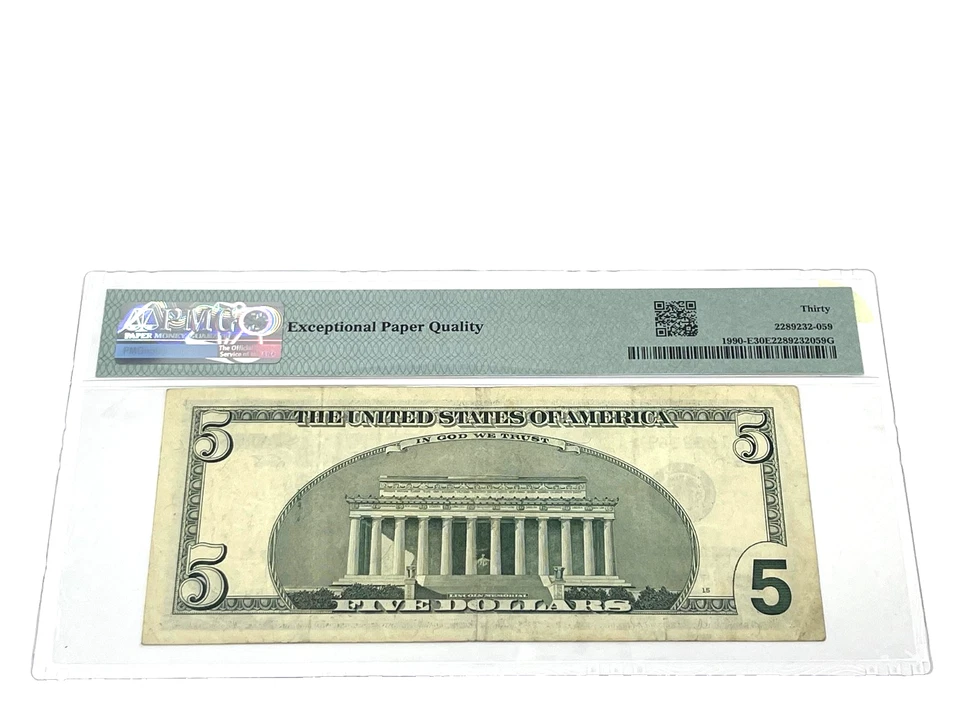 1999 $5 Five Dollars, FEDERAL RESERVE NOTE Atlanta,' PMG 30 Very Fine, (#42) - Image 2 of 2