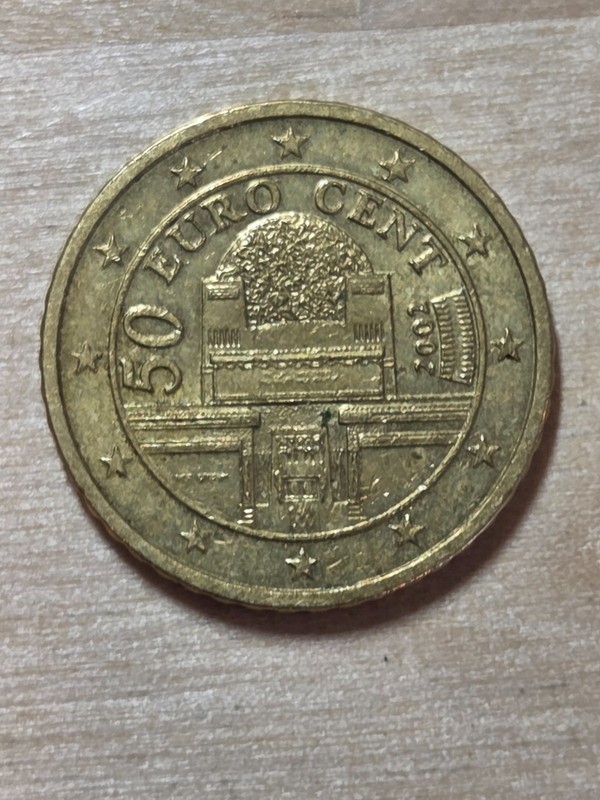 Austria 50-cents coin, 2002. KM# 3087, Aluminum-bronze. Secession Building.