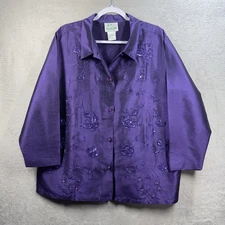 Quacker Factory Embroidered Jacket Sz 1X Beaded Butterfly Purple Shimmer Artsy