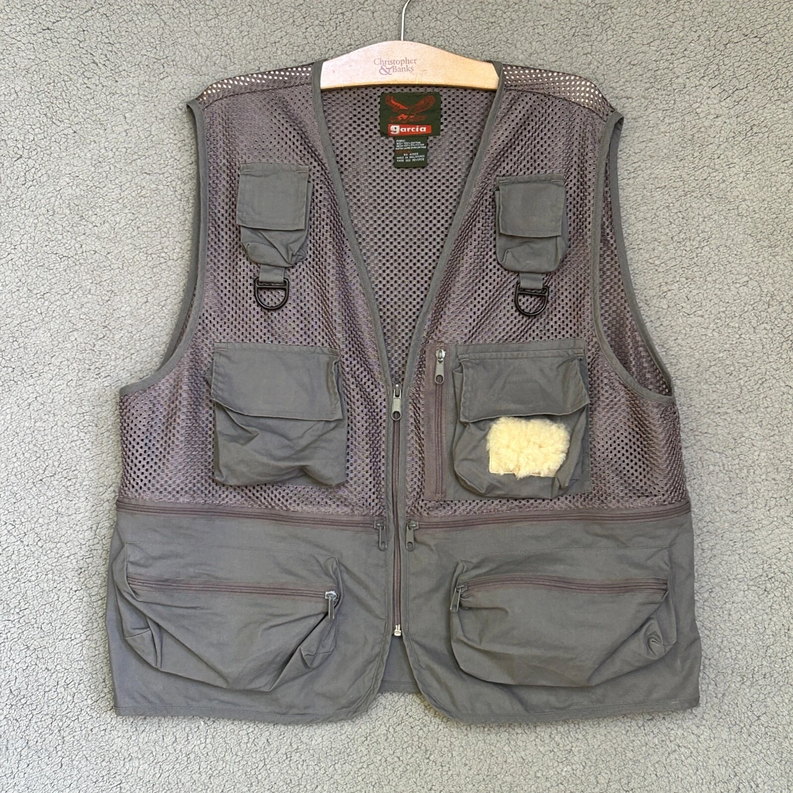 Vtg Garcia Mesh Fly Fishing Vest Size L XL Lambskin Bass Patch Rucksack Pockets