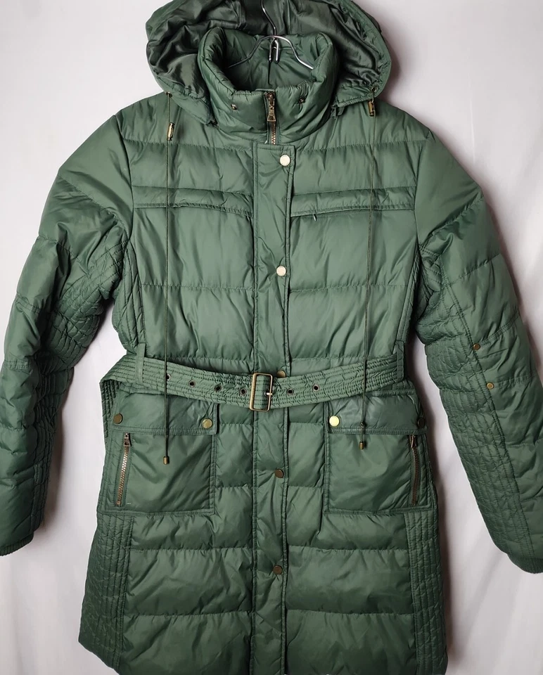 Tommy Hilfiger Mujer L Plumón Verde Cremallera Botón a Presión Largo Quitar Capucha Chaqueta Foto 2 de 4
