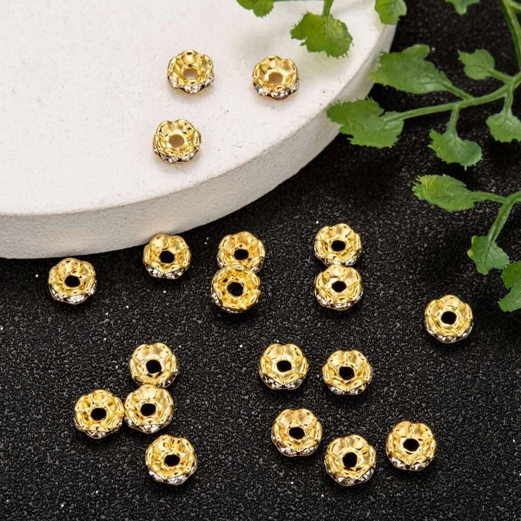 20 Perles RONDELLES INTERCALAIRE Bords ondulés DORE OR + STRASS 8 mm