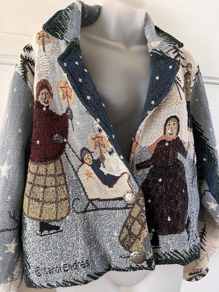 De Colección Pintado Pony Carol Endres Navidad Muñeco de Nieve Patinador sobre Hielo Tapiz Chaqueta O/S Foto 4 de 4